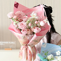 Papier d'emballage floral Huayangqingsu en papier d'art avec dentelle, motif rose, enduit PE, double face, imperméable, pour emballage de fleurs fraîches, vierge