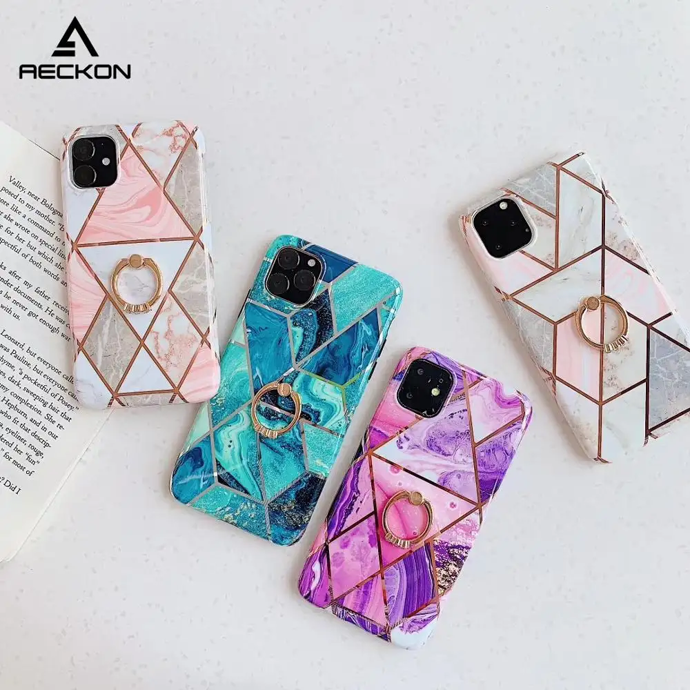 AECKON Geometric Marble Silicone Finger Ring Holder Phone Case For iphone 11 Pro XR X XS Max 6S 8 7 Plus Cover
