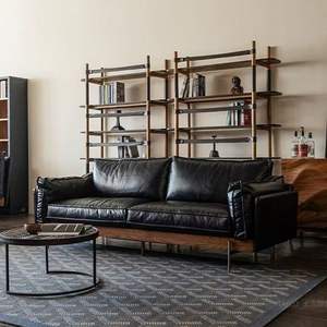 Canapé design vintage en bois massif de style français, en forme de L, recouvert de cuir véritable, pour petits appartements et gîtes - Product Image 3