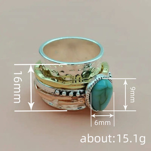 Anello Vintage in Finta Turchese per Donne, Stile Bohémien a Tre Colori a Forma di Goccia, Gioiello da Dito per Uso Quotidiano, Regalo - Product Image 4