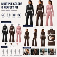 Ensemble de yoga personnalisé OEM avec logo, pantalon évasé, haut court zippé, pantalon pattes d'éléphant, tenue de sport deux pièces marron athleisure extensible