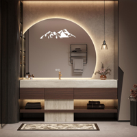 Meuble-lavabo de salle de bain de luxe en contreplaqué de noyer avec vasque en dalle de roche et miroir rétroéclairé pour projets hôteliers (vente en gros)