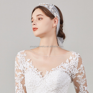 Velo de boda de gasa de tul corto Simple para niña, accesorios de flores de tela de perlas, velo de novia blanco - Product Image 2