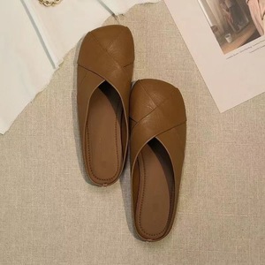 Sandales plates élégantes en cuir véritable beige à bout carré pour femmes, respirantes, toutes saisons, livraison directe - Product Image 1