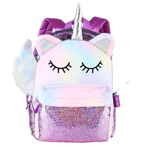 Yeni tasarım kabarık hafif mor okul sırt çantaları toptan şık ışıltılı pullu Unicorn sevimli çocuklar kızlar için sırt çantası