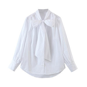 Blusa Blanca de Talla Grande con Lazo de Cinta y Mangas Farol, Camisa de Algodón de Color Sólido para Mujer, Uso Diario N8293 - Product Image 3