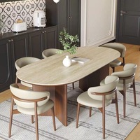Ensemble Table et Chaises de Salle à Manger Ovale Luxe Moderne Mid-Century en Marbre et Bois Massif, 4 ou 6 Places, Ameublement Complet de Cuisine, Designs Travertin