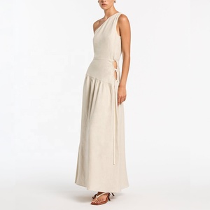 Abbigliamento estivo personalizzato di fascia alta OEM elegante Vintage monospalla Maxi <span class=keywords><strong>da</strong></span> <span class=keywords><strong>donna</strong></span> allentata abito Casual <span class=keywords><strong>da</strong></span> <span class=keywords><strong>donna</strong></span> 100% tessuto di <span class=keywords><strong>lino</strong></span> - Product Image 3