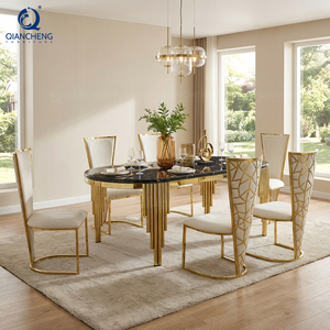 Ensemble <span class=keywords><strong>de</strong></span> Salle à Manger 8 Places Métal et Pierre, Tables <span class=keywords><strong>de</strong></span> Salle à Manger Modernes Italiennes <span class=keywords><strong>de</strong></span> Luxe en Marbre - Product Image 1