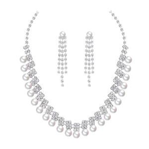 Twini Trendy Engagement Gift Anniversary Wedding Rhinestone Pearl Alloy Bridal <b>Necklace</b> and Earrings Jewelry <b>Set</b> - Product Image 1