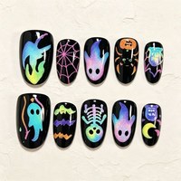 Faux ongles Halloween à presser, 30 pièces, motif fantôme, citrouille, araignée, noir pailleté arc-en-ciel, réutilisables pour cosplay, soins personnels, manucure DIY