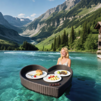 Plateau flottant en rotin en forme de cœur : avec poignées, imperméable pour les fêtes à la piscine et le service de boissons/aliments