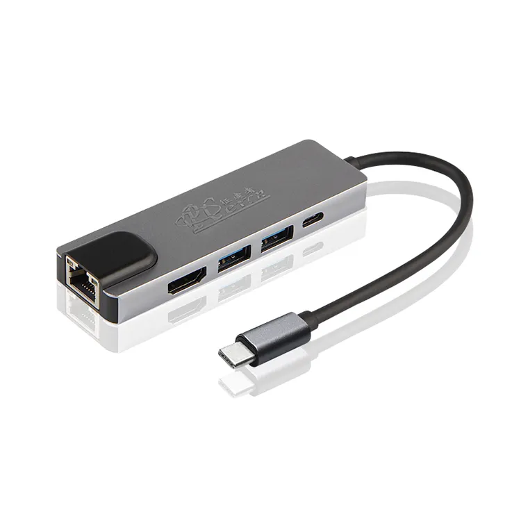 PCER Hub USB Multi-port 5 In 1, Hub USB C Tipe C 3.0 HDMI Adaptor LAN & USB Tipe C Pengisian Cepat