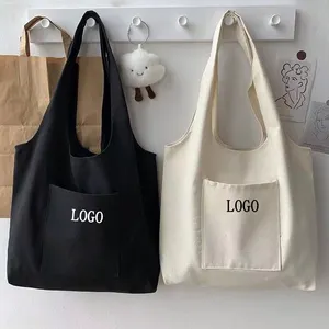 Sac fourre-tout à provisions en toile de coton à bandoulière grande pochette extérieure réutilisable uni de qualité supérieure avec logo personnalisé imprimé