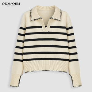 Suéter de Punto para Mujer, Diseño a Rayas, Cuello Golf, Manga Larga, Cuello en V, Estilo Casual y Moderno - Product Image 4