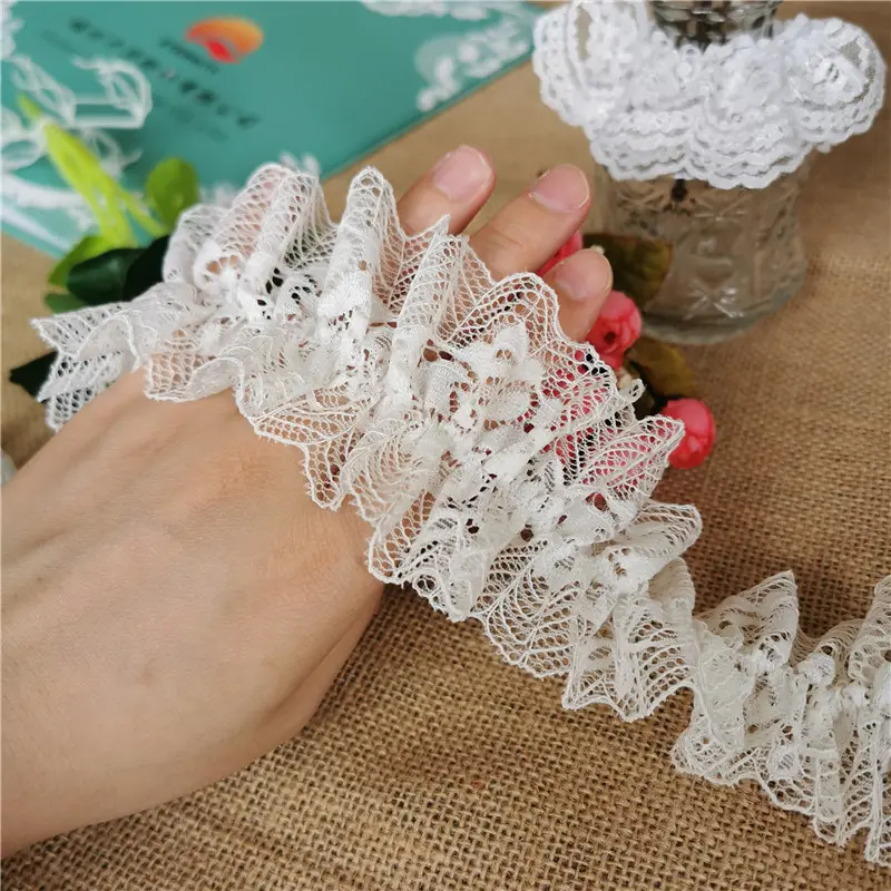 stretch Crimp lace black and white Ruffle lace trim fabric warp knitting DIY clothing accessories Korean Pleated lace