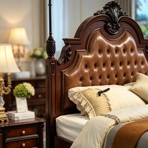 Traditional Queen Size Solid Mahogany Bed with Genuine Leather Tufted Upholstery and Carved Wood <b>Frame</b> - Product Image 2