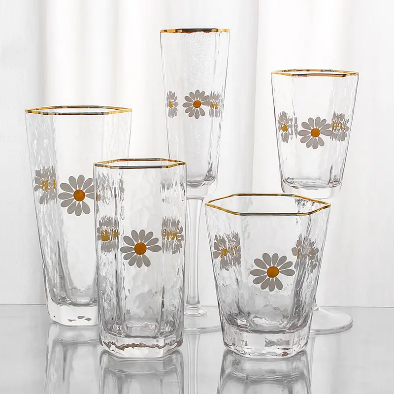Daisy Hexagonal Personalised Glassware Wine Glasses With Gold Rim