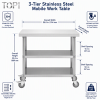 Table de travail commerciale en acier inoxydable poli à 3 niveaux sur roulettes pour extérieur