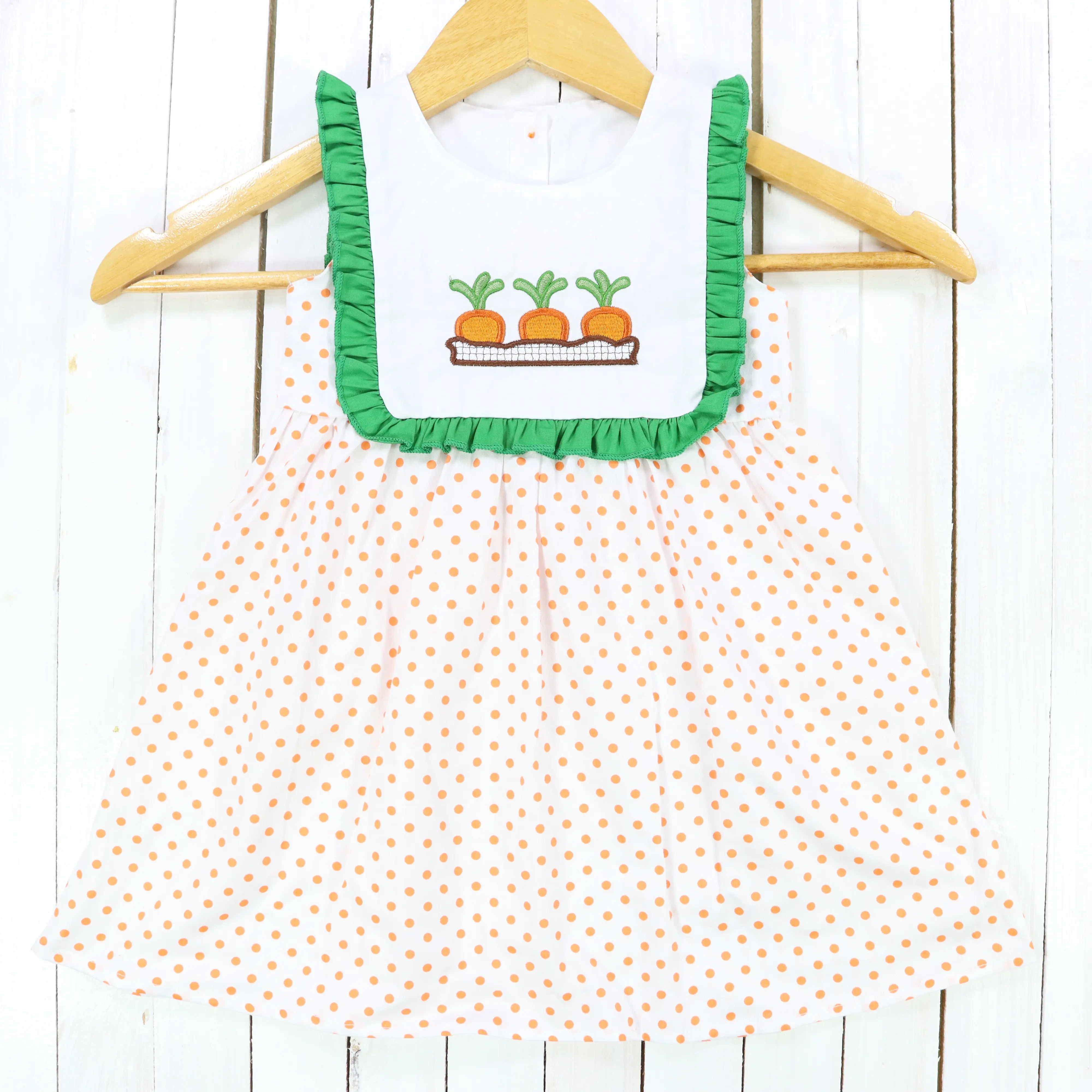 Spring Custom Designs Baby Clothes Woven Cotton Children Clothing Easter Carrot Embroidery Girls Dress Dot