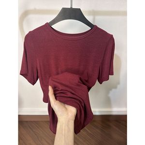 TS-019 Women's Lyocell Knitted Short Sleeve Round Neck T-Shirt Solid Color Base Layer Milky White <b>Date</b> <b>Red</b> - Product Image 5