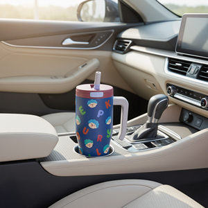 Gobelet isotherme en acier inoxydable à motif dessin animé avec poignée, couvercle à bouton-poussoir, paille en silicone, compatible porte-gobelet de voiture, tasse de voyage sous vide - Product Image 1