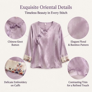 Pigiama da donna in seta di gelso, stile cinese, a maniche lunghe, con reggiseno integrato, per casa e sonno estivo - Product Image 3
