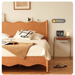 Nordic Cherry Wood Wave Pattern Solid Wood <b>Bed</b> 1.8m Platform <b>Double</b> <b>Bed</b> Bedroom Furniture - Product Image 2