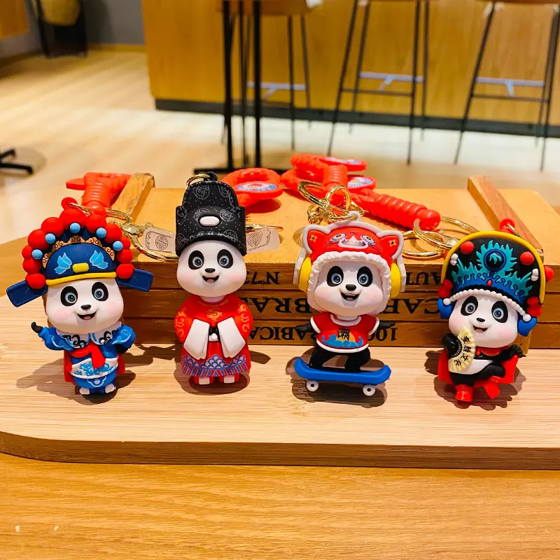 Dickmon năm mới phim hoạt hình Bắc Kinh Opera Panda Keychain PVC Búp bê mặt dây chuyền xe Keyring Trung Quốc phim hoạt hình gấu trúc Keychain