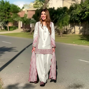 <b>Women</b> <b>White</b> Patiala <b>Suit</b> With Pink Embroidered Dupatta Traditional Ethnic Set - Product Image 1