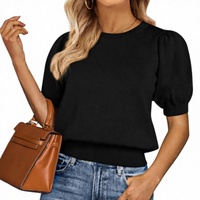 Chemisiers Femme Printemps-Été 2026 – Pulls Tricotés à Manches Courtes Bouffantes, Col Rond, Couleur Unie, Blouses Décontractées Tendance en Viscose Lavable