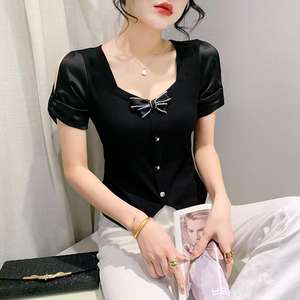 Summer New <span class=keywords><strong>Original</strong></span> Design <span class=keywords><strong>Chic</strong></span> Off-Shoulder Short Sleeve Bow Drill Buckle Fashionable Stylish Women's Top T-<span class=keywords><strong>shirt</strong></span> - Product Image 2