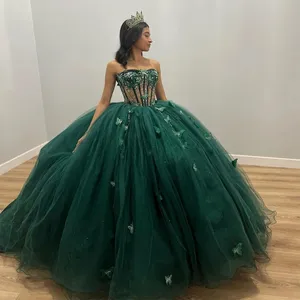 Mumuleo verde esmeralda brillante con cuentas de cristal de tul vestido de fiesta Quinceañera con lazo grande corsé Vestido De 15 Anos