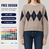Pull personnalisé pour femme en tricot losanges, col rond, couleur avoine, bleu marine, rouge, blanc, motif losanges, fabrication OEM ODM