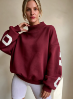 Sweat-shirt oversize pour femme à col montant, coupe décontractée, imprimé 3D en relief, en molleton de coton, pull décontracté