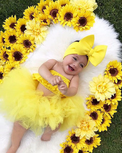 Sleeveless Summer 2021 Headband <b>Tube</b> Dress Elastic Solid Yellow Blouse Lace <b>Bubble</b> Skirt Three Pieces Set Baby Girls Suits - Product Image 3