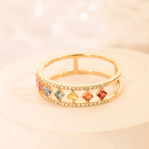 Anillo Geométrico con Gemas Arcoíris, Chapado en Oro de 18K, Engaste Pavé, Circonita Cúbica con Corte Princesa, Anillo Glamuroso de Moda para Mujer - Product Image 5