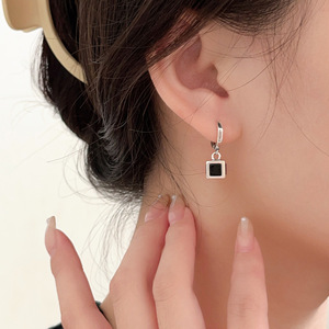 S925 Pure Silver Black Square Drop <b>Earrings</b> Geometric Bezel Setting Everyday Wear <b>Fine</b> Dangle <b>Earrings</b> - Product Image 1