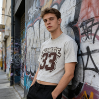 Heren grijs vintage T-shirt met ronde hals, cropped fit, nummer graffiti print, distressed retro, sportief casual streetwear, katoenen T-shirts