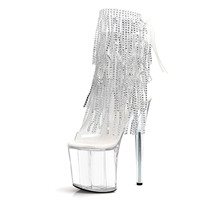 Bottines à bout ouvert transparentes à plateforme 20 cm (8 pouces) avec strass et pompons, sexy, à semelle épaisse, talon aiguille, style exotique, avec bride fine