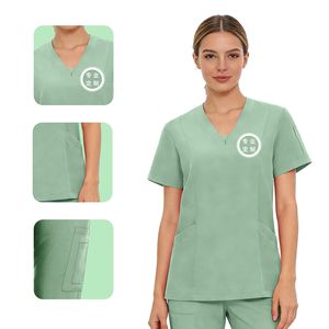 V-Neck Medical <b>Scrub</b> Set Women Polyester Short Sleeve Long Pants Hospital Uniform Workwear Custom Logo Color Option - Product Image 3