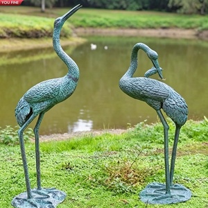 YOUFINE Paire de statues d'oiseaux gruons en bronze patiné, art <span class=keywords><strong>héron</strong></span> en métal vieilli pour bassin extérieur - Product Image 1
