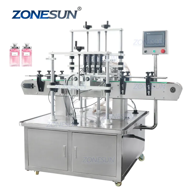 ZONESUN ZS-YTZL4A فراغ 4 رؤساء زيت طبيعي عطر رذاذ السائل زجاجات ماكينة حشو البيرة التلقائي