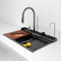 Robinet de cuisine multifonction en acier inoxydable 304, ensemble évier de cuisine moderne à cascade et pluie, cuve unique