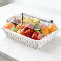 Panier à pain rectangulaire en rotin PP, fait main, écologique, moderne, gain de place, avec couvercle en acrylique, plateau de service en plastique blanc pour
