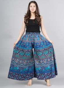 Compre Pantalones Palazzo de Algodón Estampado Multicolor Azul, Talla Única, Estilo Étnico, Pantalones Anchos Bohemios Casuales - Product Image 4