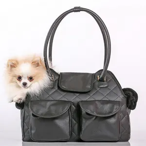 Özel siyah kapitone çakıl deri kadın Pet köpek kedi taşıyıcı Tote el çantası bayanlar için