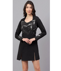 Robe midi élégante noire à manches longues, antistatique, inspirée de la nature, pour femme enceinte, tenue de soirée sophistiquée, silhouette raffinée, occasions spéciales - Product Image 1
