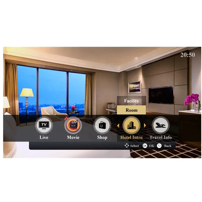Interface de usuário personalizada IPTV Hotéis sistema de hotel iptv demonstração com sistema de suporte técnico software intermediário IPTV