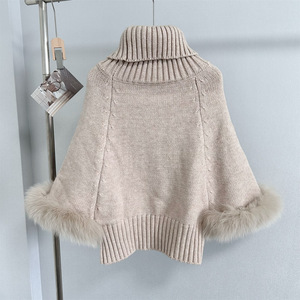 เสื้อคลุมไหมพรมถักลายบิดเกลียว คอสูงทรงหลวม แขนเสื้อแบบปะติดปะต่อขนฟูสำหรับผู้หญิง แฟชั่นเสื้อสเวตเตอร์ทรงปีกค้างคาว - Product Image 4